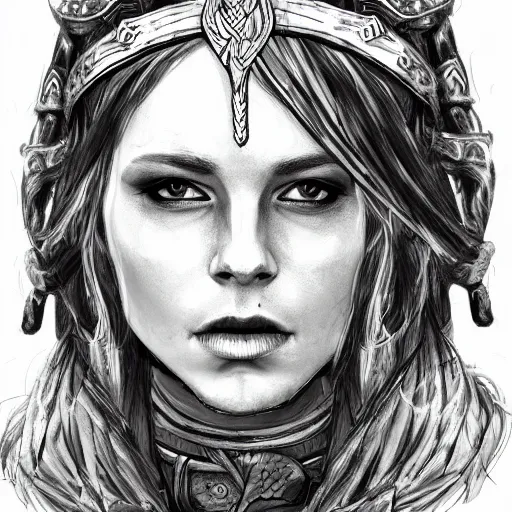 Prompt: a full portrait of a beautiful viking woman , hand drawn, trending on artstation