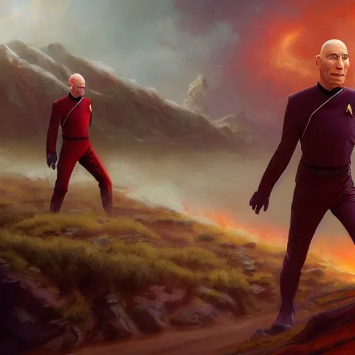 Image similar to Jean Luc Picard killing a bunch of alien species from Star Trek, highly detailed, digital painting, artstation, concept art, smooth, sharp focus, illustration by Artgerm and Greg Rutkowski and Tom Bagshaw