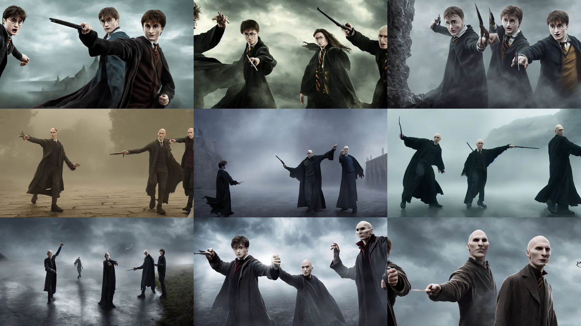 Prompt: harry potter and voldemort pointing guns!!! at each other on a bridge with mist, moody lighting, dark, expressive, realistic, 4 k, realism, distance!!!, far away