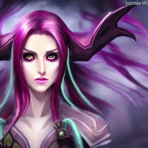 Prompt: portrait of a female high elf with magenta eyes and dark hair, in the style of league of legends digital art trending on art station 8 k