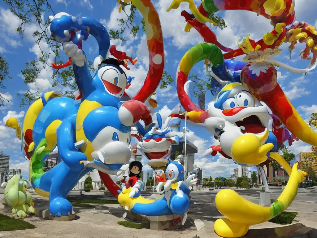 Prompt: Jeff Koon’s Doraemon Dorami Fractal Dragon statue, painted by Hajime Soryama