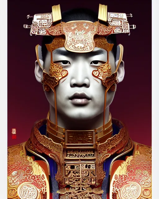 Image similar to portrait of a chinese masculine male cyberpunk machine, machine face, upper half portrait, decorated with chinese opera motifs, muscular, asian, fine china, wuxia, traditional chinese art intricate intense elegant 京 剧 highly detailed symmetry headpiece digital painting artstation concept art smooth sharp focus illustration, art by artgerm and greg rutkowski alphonse mucha 8 k