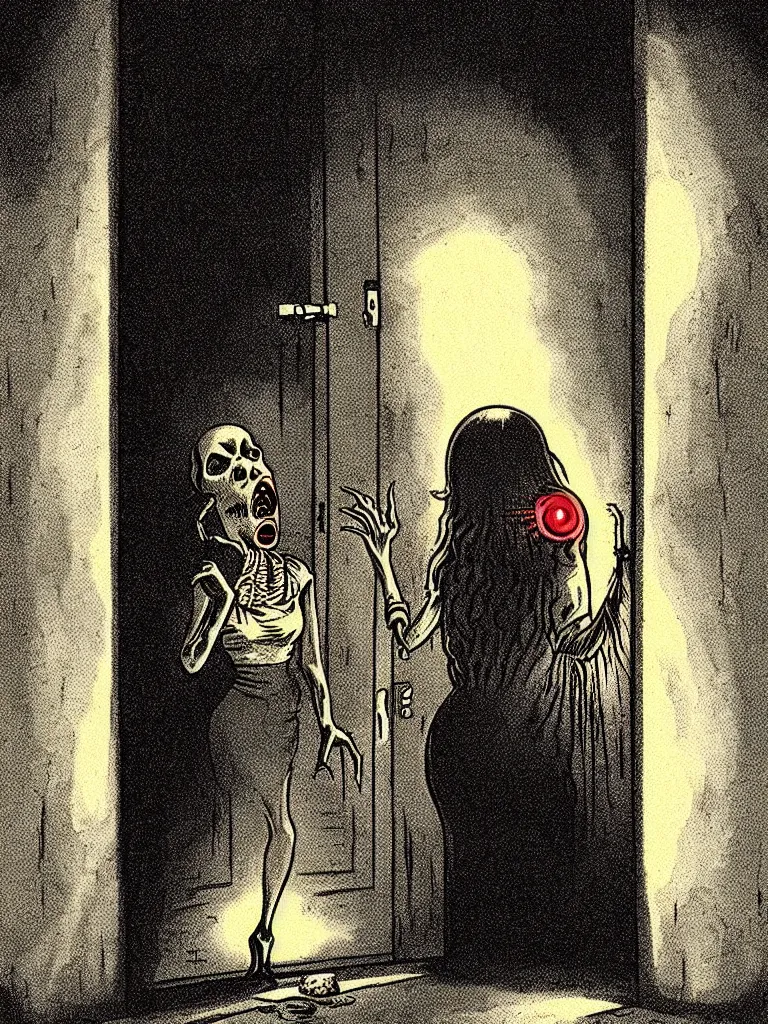 Image similar to Full Color Vintage Horror Illustration of a Woman Scared Looking in Door at Creature at night. Glowing , Spooky lighting , Pinterest