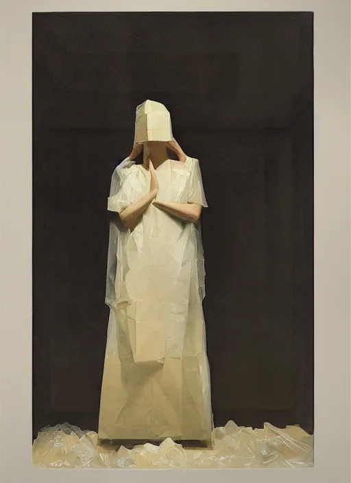 Image similar to woman in a translucent dress made from plastic bag with paper bags for clothes standing inside paper bags with paper bag over the head at store display Edward Hopper and James Gilleard, Zdzislaw Beksinski, highly detailed