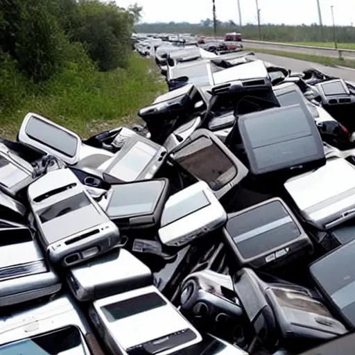 Image similar to pile of smartphones on highway, totalled vehicles from copart, photo