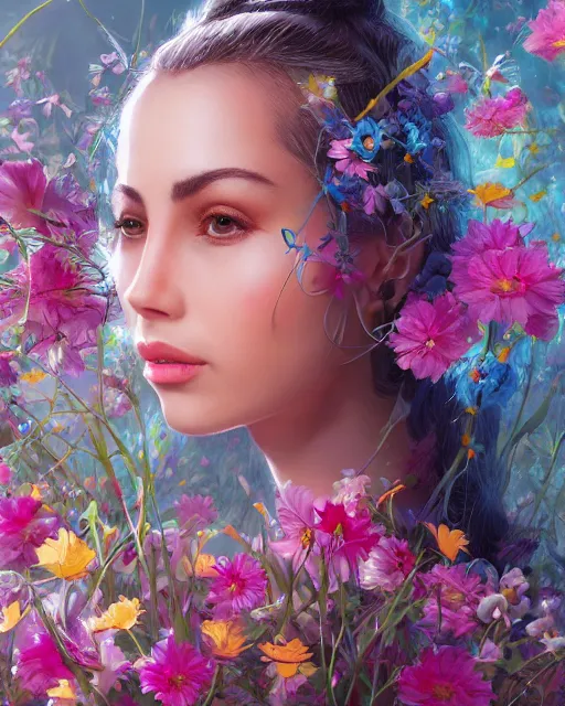 Image similar to portrait of riley reid, surrounded by flowers by karol bak, james jean, tom bagshaw, rococo, sharp focus, trending on artstation, cinematic lighting, hyper realism, octane render, 8 k, hyper detailed.