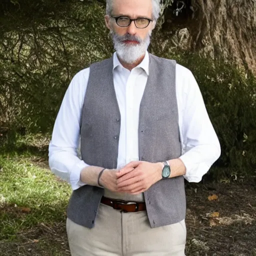 Prompt: 5 5 year old white psychiatrist, tall, grey curly short hair, looks smart, grey trimmed beard, wearing round glasses, a white shirt and a brown vest.