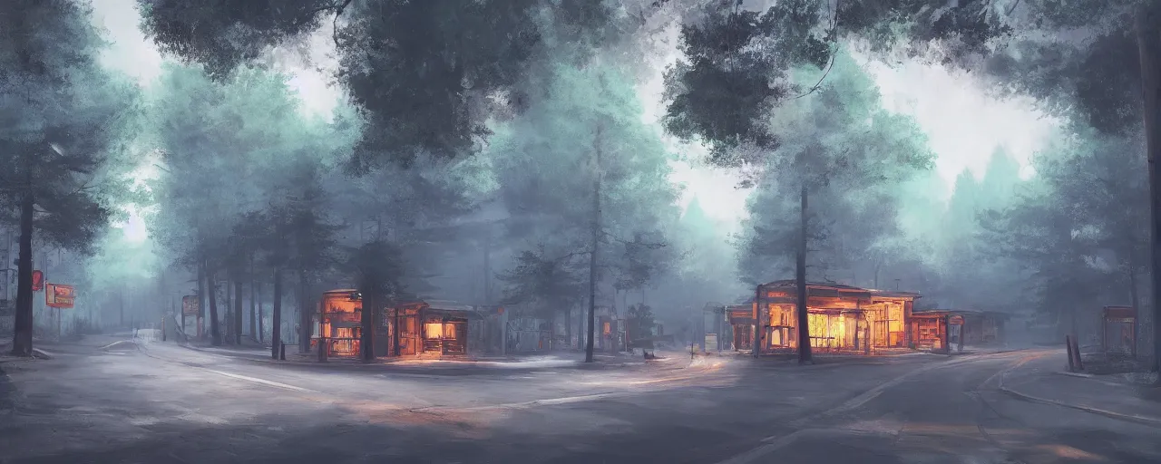 Prompt: wide shot of a road surrounded by pine trees, wooden buildings with neon signs on sides of roads, digital painting by rembrandt, volumetric lighting, concept art, artstation, 8 k, moody lighting