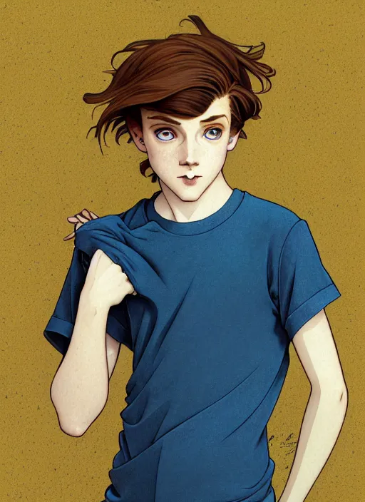 Image similar to art nouveau portrait of a teen boy with completely straight auburn hair, light blue eyes, pale skin, freckles, sad expression, t - shirt, modern casual clothing, natural lighting, path traced, highly detailed, high quality, cartoon, digital painting, by don bluth and ross tran and studio ghibli and alphonse mucha