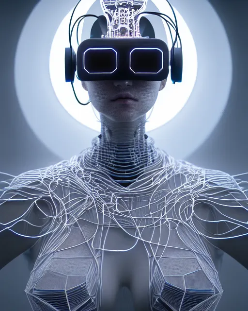 Prompt: portrait of an absurdly beautiful, graceful, sophisticated, fashionable cyberpunk mechanoid, wires, machines, digital displays, hyperdetailed illustration by irakli nadar and alexandre ferra, intricate linework, white porcelain skin, vr headset, unreal engine 5 highly rendered, global illumination, radiant light, detailed and intricate environment