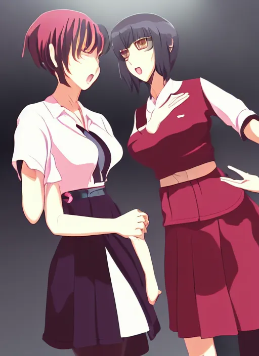 Prompt: two beautiful mothers taunting each other, office clothes, skirt, gorgeous faces, smooth, cinematic lighting, detailed anime art