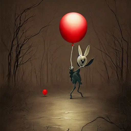 Prompt: matte painting of bugs bunny with a wide smile and a red balloon by Zdzisław Beksiński, loony toons style, pennywise style, corpse bride style, creepy lighting, horror theme, detailed, elegant, intricate, conceptual, volumetric light