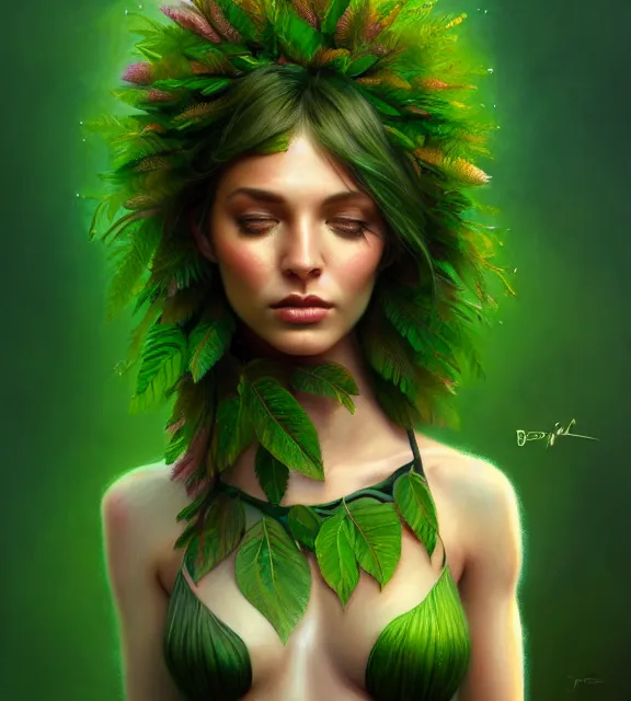 Image similar to beautiful female tree with bark skin wearing green leaf halter top, perfect face, dark green leaf hair, with abs, cinematic, blush, stunning, elegant, highly detailed, psychedelic, digital painting, artstation, smooth, hard focus, illustration, art by jessica rossier and and brian froud