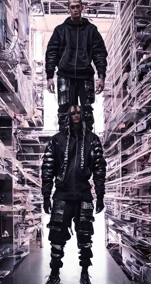 Image similar to cyberpunk techwear streetwear look and clothes, we can see them from feet to head, highly detailed and intricate, beautiful bright colors, hypermaximalist, futuristic, cyberpunk setting, luxury, elite, cinematic, techwear fashion, Errolson Hugh, Sacai, Nike ACG, Yohji Yamamoto, Y3, ACRNYM, outfit photo