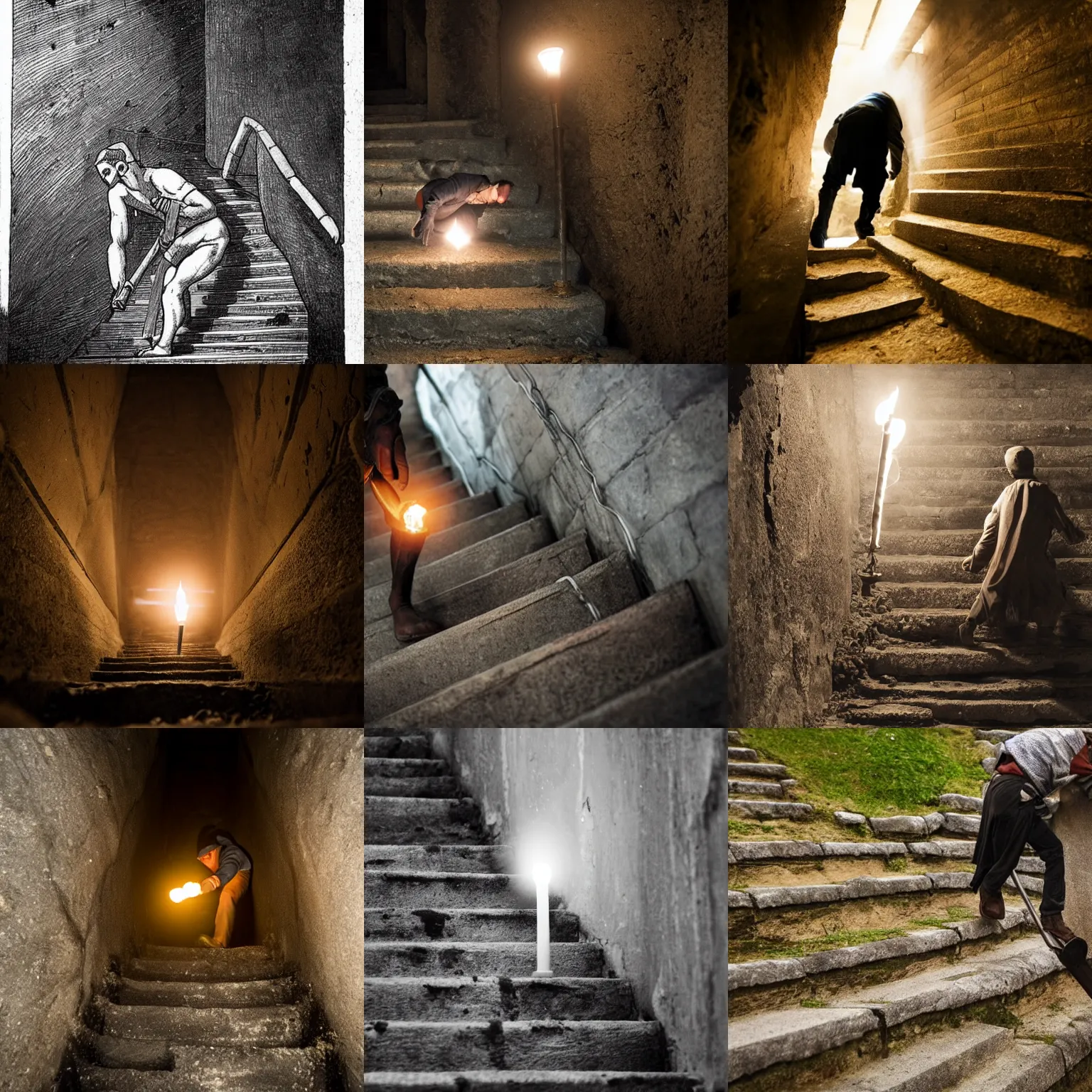 Prompt: thief carrying a torch sneaking down the stairs in a ancient grave