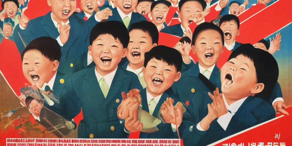 Prompt: north korean propaganda poster full of happy children