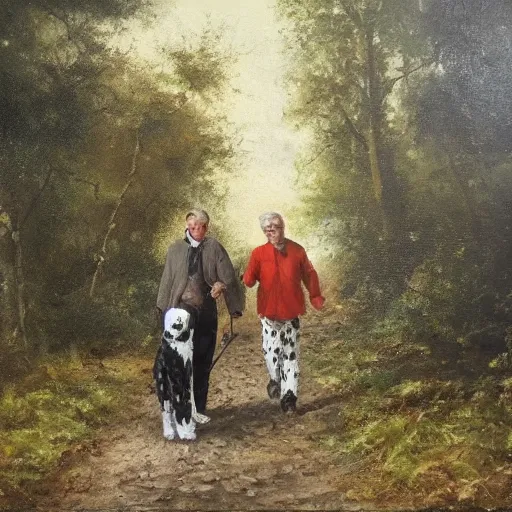 Prompt: granddad and blond curly young grandson walking in french forest with a dalmatian dog with black spots oil painting