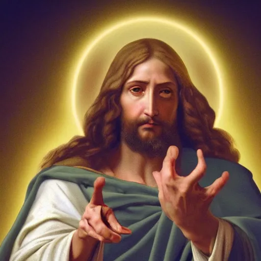 Image similar to uhd real 8 k photo of jesus showing his middle finger, digital art, portrait, portrait concept art, special effects, finely detailed, studio lighting, correct details, correct face, accurate middle finger