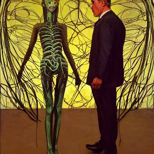 Image similar to two lovers wearing a suit made of nervous system, channeling third eye energy, surrounded by a background of dark cyber mystic garden of earthly delights, midnight hour, painted part by wojciech siudmak, part by ilya repin, part by norman rockwell, part by francis bacon, artstation