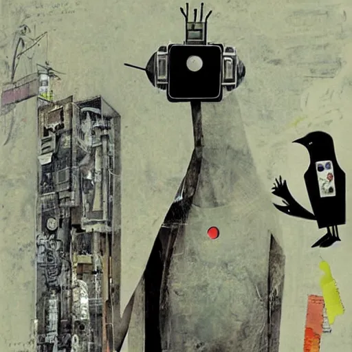 Prompt: a robot with a memory that survives the reset of the world, and a small robot bird on her shoulder, collage artwork by dave mckean and yoshitaka amano