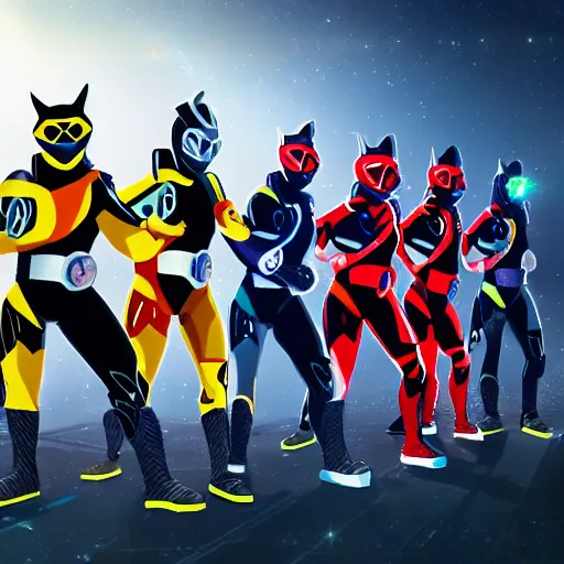Prompt: a super sentai team of racoons wearing cybernetic ninja gear, hyperrealistic, digital art, cyberpunk, 4 k