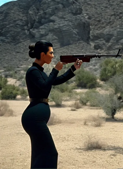 Image similar to film still of kim kardashian as clint eastwood in the movie a fist full of dollars, full-shot, 4k