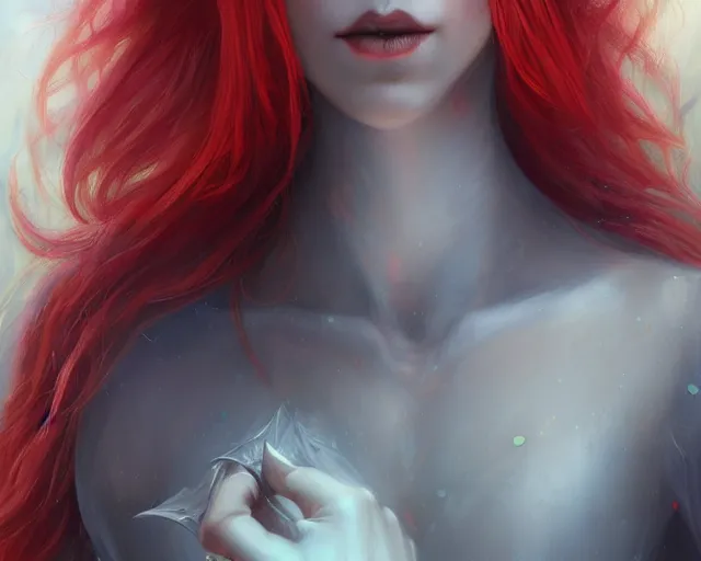 Image similar to A detailed matte oil on canvas head on symmetrical portrait of a distinguished elven woman with red and blue hair on an empty background, by Charlie bowater, Lise Deharme, Wlop, trending on artstationhd, dungeons and dragons art, parted hair , half blue, half red , split dye, critical role