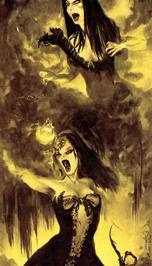 Image similar to carmilla vampire, gothic horror, by frank frazetta, candlelit catacombs