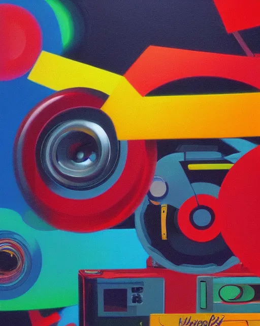 Image similar to retro technology, 9 0 s colors and shapes, wayne barlow, oil on canvas, deep depth of field, masterpiece, cinematic composition, hyperdetailed