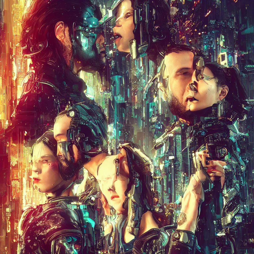 Prompt: a cyberpunk 2077 instagram couple portrait of a Keanu Reeves and a female android final kiss,love,film lighting,by Laurie Greasley,Lawrence Alma-Tadema,Dan Mumford,John Wick,Speed,Replicas,artstation,deviantart,FAN ART,full of color,Digital painting,face enhance,highly detailed,8K,octane,golden ratio,cinematic lighting