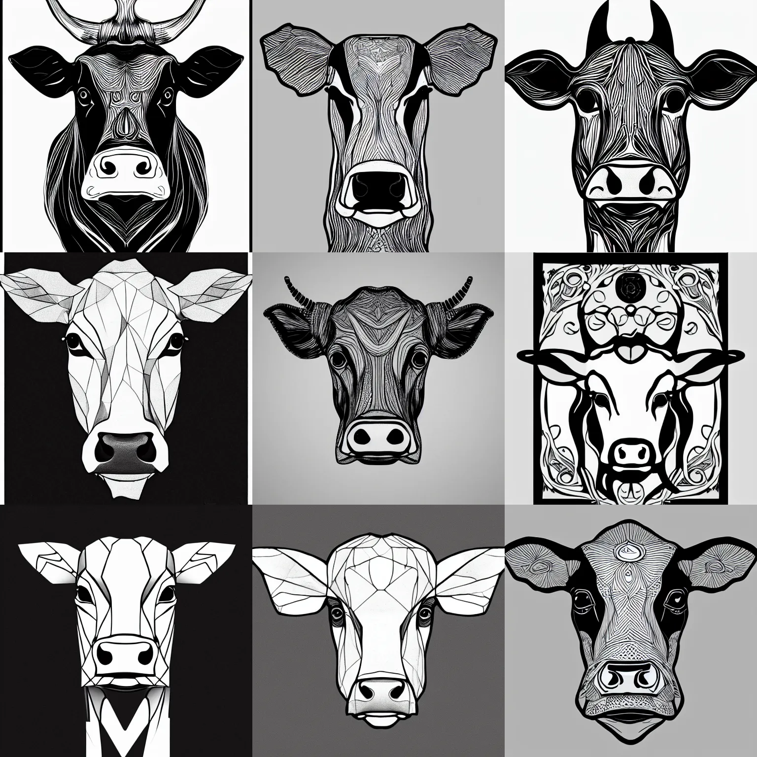 Prompt: an art nouveau portrait of a cow head, low poly, outlined, connecting lines, black on white, line art