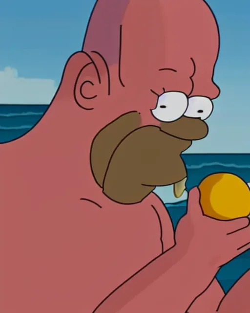 Image similar to film still close - up shot of homer simpson eating eggs on the beach from the tv show rick & morty. photographic, photography