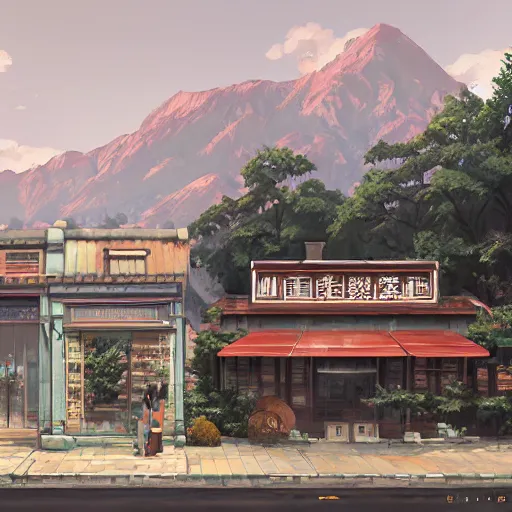 Prompt: concept art painting of a historic bakery with european and japanese architecture, surrounded by trees and mountains, realistic, detailed, cel shaded, in the style of makoto shinkai and greg rutkowski and james gurney