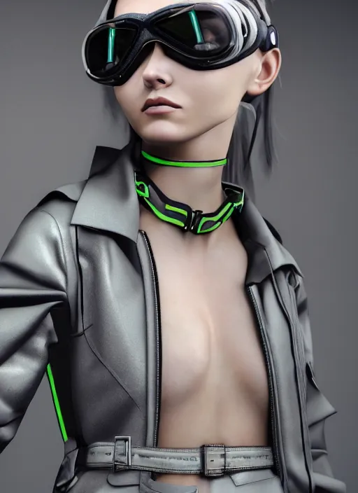 Prompt: an octane render 1 9 9 8 fashion photography portrait of a russian girl detailed features wearing a cargo pilot suit neon brights, utility chic, sheer fabrics, zippers, belts & velcro galore, goggles, big techno watches, cargo pants, that weird crinkly trash bag materialdesigned by balenciaga