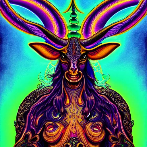 Image similar to An extremely psychedelic portrait of baphomet, surreal, LSD, face, detailed, intricate, elegant, lithe, highly detailed, digital painting, artstation, concept art, smooth, sharp focus, illustration