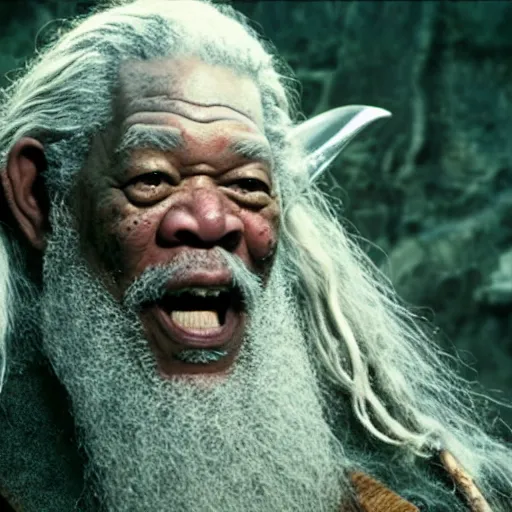 Prompt: Morgan Freeman as Gandalf the Grey fighting orcs, still from Lord of the Rings movie, detailed, 4k