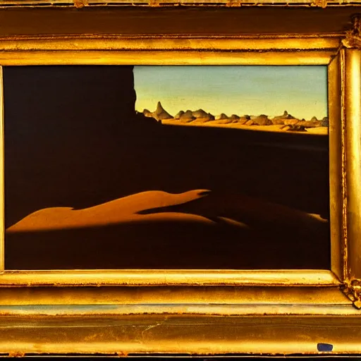 Image similar to desert landscape oil painting at twilight, intricate lines, elegant, extreme detail, smooth, sharp focus, art by vermeer and edward church