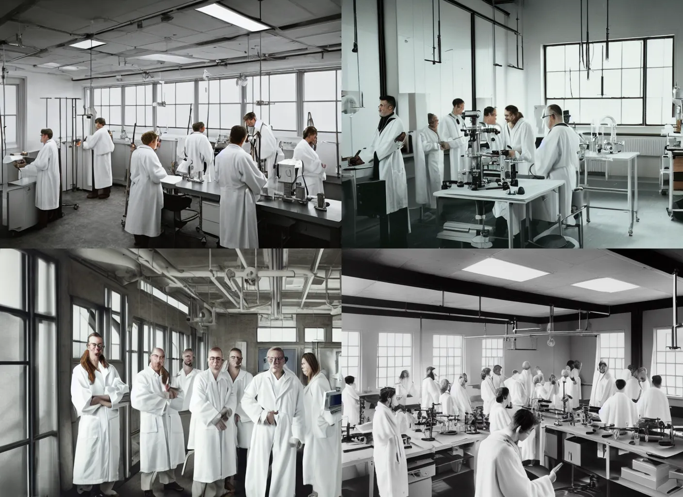 Prompt: realistic photo of the old science laboratory, white walls wooden panels, brass equipment and devices, people wearing white fluffy cotton robes, dark sky in a window