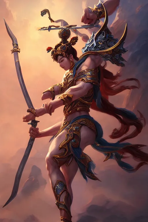 Image similar to a masterpiece portrait of nezha, legendary god holding spear, hero action pose, fantasy character portrait, hyper detailed, digital painting, 8 k realistic, trending on artstation, sharp focus, dof, by fenghua zhong, artgerm, ne zha from smite, tsuyoshi nagano, phonenix in background