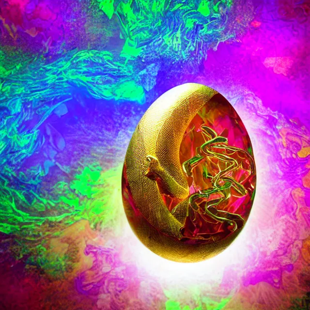 Image similar to a crystal egg breaking open with a great serpent rising out, occult aesthetics alchemy, award winning art, chromatic aberration polychromatic colors