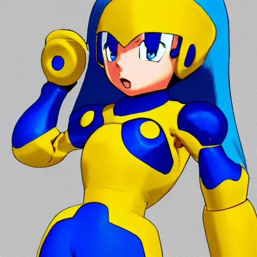 Image similar to mega man's kid sister. highly detailed 3 d render, anime, no helmet, long blue hair on her head, gold armor by john romita jr and david finch