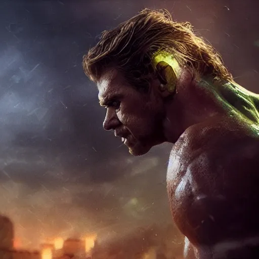 Image similar to Portrait of Dan Stevens as the Hulk, amazing splashscreen artwork, splash art, head slightly tilted, natural light, elegant, intricate, fantasy, atmospheric lighting, cinematic, matte painting, by Greg rutkowski