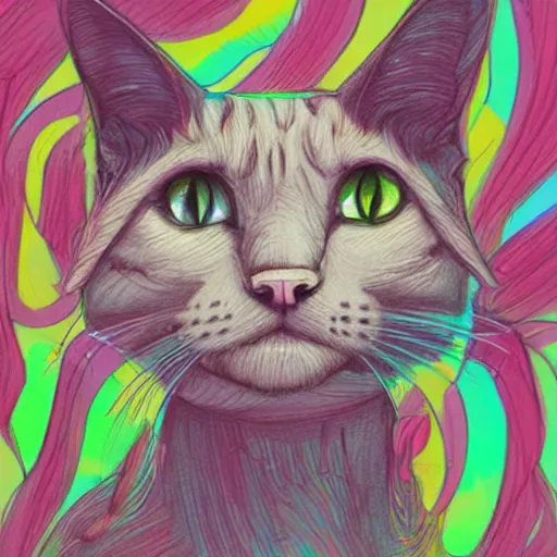 Image similar to beautiful pencil drawing of a cat by the artist loish, flowy lines, colorful, bright, cheerful, done in procreate, very beautiful sketch by loish