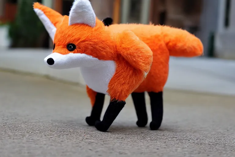 Prompt: A fabric stuffed animal toy fox plushie! sitting on the sidewalk and wagging its tail rapidly, dynamic, motion blur, 1/4 shutter speed, award winning photography