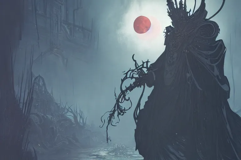 Image similar to an ultra detailed vector image of a big daddy in the style of bloodborne, concept art by alphonse mucha and greg rutkowski, scary shadows, blood moon eclipse, octane render, liminal space