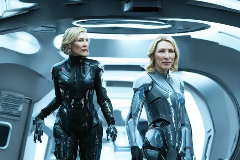 Image similar to cate blanchett on the bridge of a starship, cyberpunk, movie still