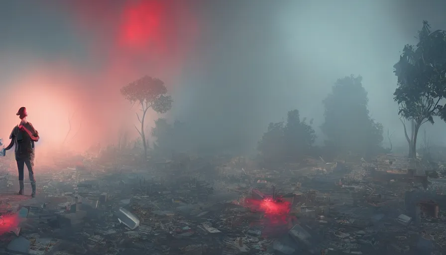 Prompt: man with flashlight exploring destroyed dusty apartment covered by vegetation, red smoke bomb, darkness, debris, cloudy night, hyperdetailed, artstation, cgsociety, 8 k