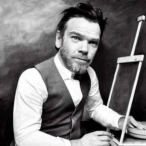 Image similar to ewan mcgregor is dressed as a gentleman at early 2 0 th century paris. he is watching an easel. that easel has a canvas on it. ewan mcgregor has a brush on his hand. he is painting a painting. realistic painting with strong outlines