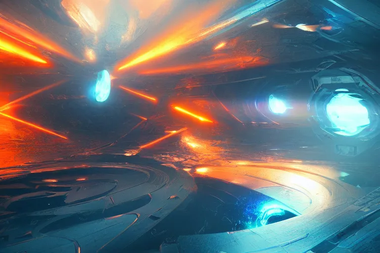 Image similar to beautiful sci fi space landscape, concept art trending on artstation, blue and orange, volumetric lighting, 8k