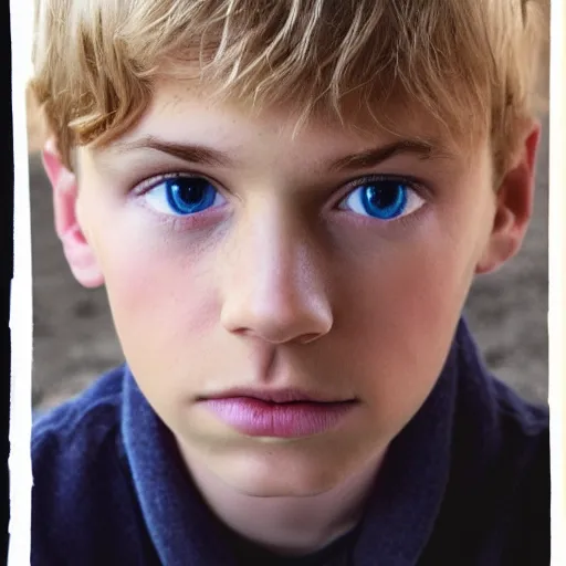 Image similar to portrait of a boy with his hand on his face, extremely realistic and real, photorealistic, blonde hair and blue eyes, detailed facial structure, real eyes that are detailed, real hands